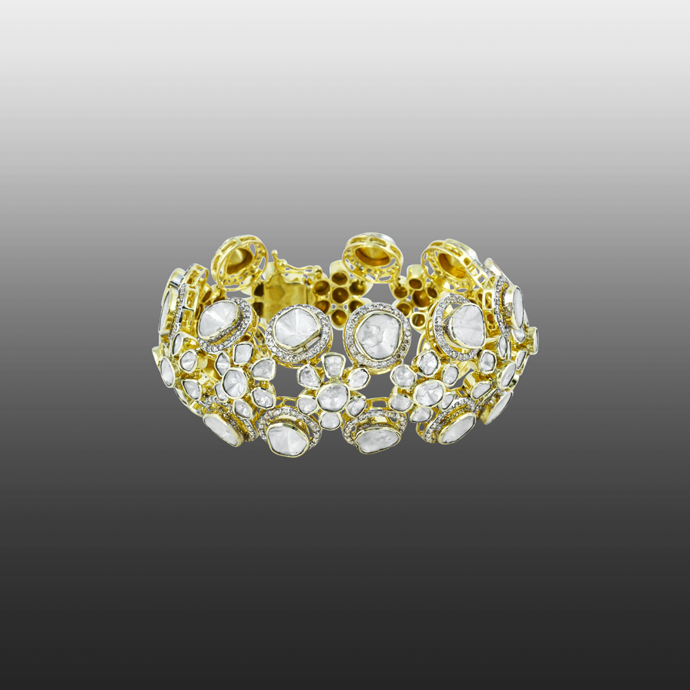 Polki Bracelet with Double Rows and Diamond Halos